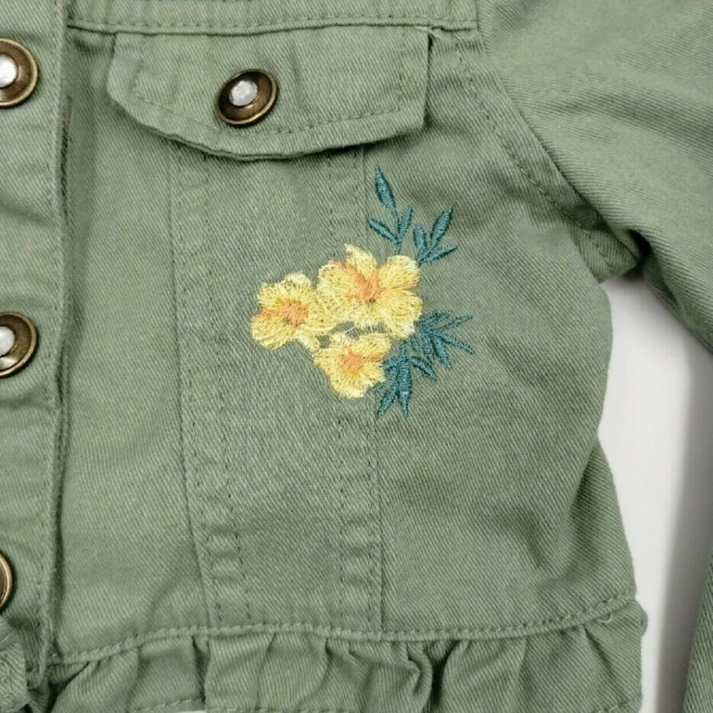 Little Lass Green Snap Down Crop Jacket Embroidered Flowers Size 4T Little Lass
